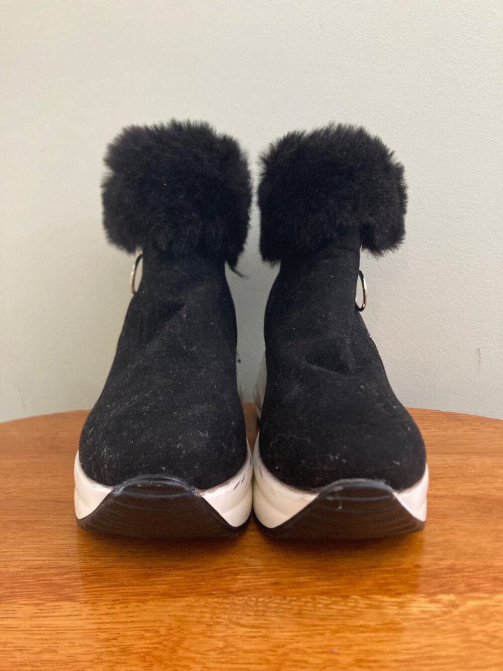 Faux Fur-Trimmed Black Wedge Ankle Boots With Air Cushion Sole Y2K, Gorpcore - Picture 2 of 7